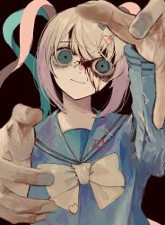 Rule 34 | 1girl, arm up, blonde hair, blood, blood on face, blue bow, blue eyes, blue hair, blue nails, blue shirt, bow, chouzetsusaikawa tenshi-chan, closed mouth, crazy eyes, hair bow, hand up, heart, highres, long hair, long sleeves, looking at viewer, multicolored hair, multicolored nails, nail polish, needy girl overdose, pink bow, pink hair, pink nails, pixelated, quad tails, reaching, reaching towards viewer, sailor collar, shiobuchi, shirt, smile, solo, upper body, wide-eyed, yellow bow, yellow nails