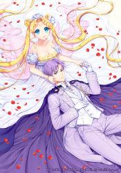 Rule 34 | 1boy, 1girl, artist name, bad id, bad pixiv id, bare shoulders, bishoujo senshi sailor moon, blonde hair, blue eyes, bow, bowtie, bracelet, breasts, cape, chiba mamoru, cleavage, couple, crescent, crescent facial mark, crown, double bun, dress, endymion, facial mark, flower, forehead mark, formal, gloves, hair flower, hair ornament, hetero, holding hands, jewelry, king endymion, kneeling, large breasts, long hair, lying, neo queen serenity, pants, petals, pink bow, purple eyes, purple hair, rose petals, shainea, smile, strapless, strapless dress, suit, traditional bowtie, tsukino usagi, twintails, watermark, web address, white bow, white dress, white gloves