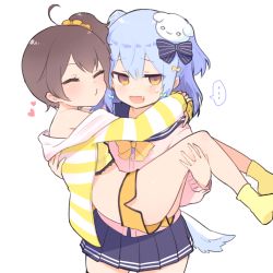 Rule 34 | ..., 13o, 1boy, 1girl, ahoge, arms around neck, bad id, bad pixiv id, black bow, blue hair, blue sailor collar, blue skirt, blush, bow, brown eyes, brown hair, camisole, cardigan, carrying, cowboy shot, crop top, crossdressing, crossover, dog hair ornament, dog tail, fang, hair between eyes, hair bow, hair ornament, hair scrunchie, highres, hololive, hood, hood down, hooded jacket, inuyama tamaki, jacket, long hair, long sleeves, looking at viewer, midriff, natsuiro matsuri, natsuiro matsuri (matsuri&#039;s day off), no shoes, noripro, open clothes, open jacket, open mouth, orange scrunchie, orange shorts, pink cardigan, pleated skirt, princess carry, sailor collar, school uniform, scrunchie, serafuku, short shorts, shorts, side ponytail, simple background, skirt, sleeves past wrists, socks, spoken ellipsis, striped bow, striped clothes, striped jacket, tail, trap, tsukudani norio channel, two side up, virtual youtuber, white background, yellow camisole, yellow legwear