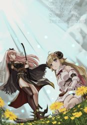 Rule 34 | 2girls, black dress, blonde hair, blush, bracer, breasts, cape, detached sleeves, dress, english text, floating hair, highres, holding, holding scythe, holding weapon, hololive, hololive english, horns, jun (rellik &amp; redrum), large breasts, looking down, looking up, mori calliope, multiple girls, parted lips, pink hair, purple eyes, red eyes, scythe, sheep girl, sheep horns, single thighhigh, spikes, standing, thighhighs, tsunomaki watame, tsunomaki watame (1st costume), virtual youtuber, weapon, white dress