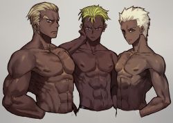 Rule 34 | 3boys, abs, archer (fate), blonde hair, closed mouth, cropped torso, crossover, dark-skinned male, dark skin, earlobes, earrings, eyebrows, fate/stay night, fate (series), gamagoori ira, green hair, grey background, hair slicked back, hands in pockets, highres, jewelry, kill la kill, king of prism, king of prism by prettyrhythm, leeis cool, long earlobes, looking at viewer, male focus, manly, multiple boys, multiple crossover, muscular, nipples, pretty rhythm, pretty series, purple eyes, simple background, topless male, trait connection, undercut, white hair, yamato alexander