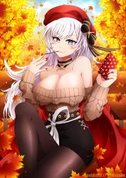 Rule 34 | 1girl, absurdres, aran sweater, autumn leaves, azur lane, bare shoulders, belfast (azur lane), belfast (shopping with the head maid) (azur lane), beret, black bow, black choker, black skirt, blue sky, bow, brown pantyhose, brown sweater, cable knit, choker, commentary, day, earrings, food, food in mouth, grey eyes, hair bow, hands up, hat, highres, holding, hoop earrings, invidiata, jewelry, knee up, long hair, long sleeves, looking at viewer, mouth hold, nail polish, off-shoulder sweater, off shoulder, official alternate costume, outdoors, pantyhose, pencil skirt, pocky, red hat, red nails, silver hair, skirt, sky, smile, solo, sweater, thighs