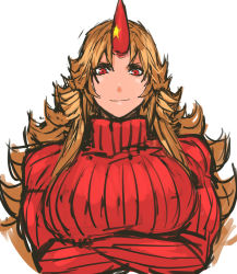 Rule 34 | 1girl, blonde hair, breasts, crossed arms, highres, horns, hoshiguma yuugi, large breasts, long hair, looking at viewer, nameo (judgemasterkou), red eyes, ribbed sweater, simple background, single horn, sketch, solo, star (symbol), sweater, touhou, turtleneck, upper body, white background