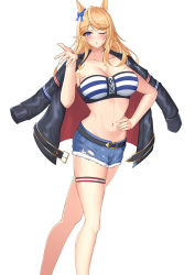 Rule 34 | 1girl, absurdres, animal ears, bandeau, bare legs, belt, black belt, black jacket, blonde hair, blue bow, blue eyes, blush, bow, breasts, cleavage, collarbone, commentary request, cutoffs, denim, denim shorts, ear bow, feet out of frame, gold city (umamusume), hand on own hip, hand up, highres, horse ears, jacket, jacket on shoulders, large breasts, long hair, long sleeves, looking at viewer, midriff, navel, one eye closed, parted lips, rakudai37, short shorts, shorts, simple background, solo, standing, stomach, strapless, striped bandeau, thigh strap, thighs, tube top, umamusume, white background