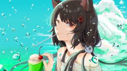 Rule 34 | 1girl, animal ears, black hair, blush, bubble, casual, cherry, closed mouth, cloud, cup, dog ears, dog girl, dog hair ornament, drinking glass, drinking straw, drinking straw in mouth, flower, food, fruit, hair flower, hair ornament, heterochromia, highres, ibuki (ibuki0118), ice cream, ice cream float, inui toko, looking at viewer, melon soda, nijisanji, off shoulder, red eyes, shirt, smile, solo, sweat, twintails, upper body, virtual youtuber, white shirt, yellow eyes