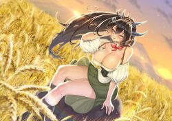 Rule 34 | 1girl, absurdres, bare shoulders, blouse, blue eyes, blush, bodice, breasts, broken horn, brown hair, cleavage, commission, covered erect nipples, dirndl, dragon girl, dragon horns, dutch angle, feet out of frame, field, german clothes, green skirt, hand in own hair, highres, horizon, horns, kneehighs, large breasts, lens flare, long hair, looking at viewer, mountainous horizon, neckerchief, no bra, nomalman, open mouth, original, outdoors, pointy ears, puffy short sleeves, puffy sleeves, rock, shirt, short sleeves, sitting, sitting on rock, skirt, smile, socks, solo, spaghetti strap, sunset, upskirt, very long hair, wheat, wheat field, white shirt