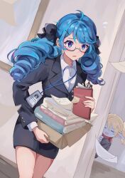 Rule 34 | 2girls, ahoge, alternate costume, artist name, black jacket, black skirt, black suit, blonde hair, blue eyes, blue hair, blush, book, book stack, box, character name, closed eyes, collared shirt, commentary, drill hair, english commentary, fingernails, formal, glasses, gwen (league of legends), hair between eyes, hair ornament, hairclip, highres, holding, holding box, holding notebook, indoors, jacket, kureko0w0, league of legends, long sleeves, mirror, multiple girls, notebook, office lady, open mouth, paper, paperwork, pointy ears, poppy (league of legends), red scarf, scarf, shirt, skirt, smile, standing, suit, sweatdrop, twin drills, wall, white shirt, yordle