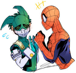 Rule 34 | +++, 2boys, @ @, animal print, aqua gloves, blue bodysuit, blush, blush visible through clothes, bodysuit, boku no hero academia, clenched hands, covered face, cropped torso, crossover, embarrassed, excited, flying sweatdrops, from side, gloves, green bodysuit, green hair, green mask, hands up, highres, kuwanosisyamo, leaning back, leaning forward, looking at another, male focus, marvel, midoriya izuku, multiple boys, open hands, peter parker, print bodysuit, profile, red bodysuit, short hair, signature, simple background, spider-man, spider-man (series), spider print, spider web print, superhero costume, trait connection, turning head, two-tone bodysuit, upper body, white background, white gloves