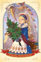 Rule 34 | 1girl, absurdres, ayuria, barioth, blonde hair, blue eyes, christmas ornaments, christmas present, dress, fur-trimmed collar, fur trim, gift, gloves, highres, long hair, merry christmas, monster hunter (series), monster hunter stories 2, notebook, official art, ponytail, smile, snow, tusks, winter clothes, yian kut-ku
