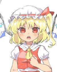Rule 34 | 1girl, ascot, bad id, bad twitter id, blonde hair, flandre scarlet, hand on own chest, hat, highres, looking at viewer, mob cap, one side up, open mouth, puffy short sleeves, puffy sleeves, red eyes, red skirt, red vest, sasa kichi, sharp teeth, short sleeves, simple background, sketch, skirt, solo, teeth, touhou, upper body, vest, white background, white hat, wings, yellow ascot