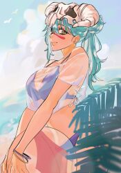 Rule 34 | 1girl, ball, bare legs, beach, beachball, bikini, bird, bleach, blue hair, blue sky, breasts, cleavage, cloud, from side, green eyes, hair ornament, highres, large breasts, long hair, looking at viewer, macarox d, multiple bracelets, nelliel tu odelschwanck, outdoors, palm leaf, ponytail, seagull, see-through, see-through shirt, skull, skull hair ornament, sky, solo, swimsuit
