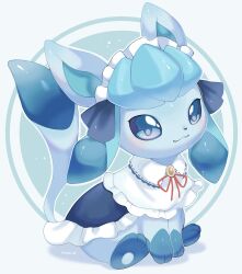 Rule 34 | black dress, blue eyes, closed mouth, creatures (company), dress, frilled dress, frills, game freak, gen 4 pokemon, glaceon, grey background, headdress, highres, iwasi 29, looking at viewer, nintendo, no humans, pokemon, pokemon (creature), sitting, smile, white background