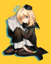 Rule 34 | 1girl, absurdres, achunzi, arknights, black coat, black footwear, black hat, black skirt, black thighhighs, blonde hair, blue eyes, blush, coat, durin (arknights), fingernails, full body, hands up, hat, highres, holding, holding pillow, hugging object, id card, long sleeves, looking at viewer, medium hair, one eye closed, open clothes, open coat, parted lips, pillow, pillow hug, pointy ears, shoes, simple background, sitting, skirt, sleeves past fingers, sleeves past wrists, solo, thighhighs, wariza, yellow background, zzz