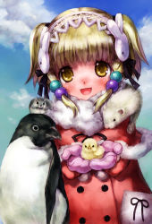 Rule 34 | 1girl, :d, animal, banpresto, bird, bird on hand, blonde hair, blush, chick, coat, cupping hands, hair ornament, hairband, holding, irui guneden, looking at viewer, mittens, nakamura kanko, open mouth, own hands together, penguin, rabbit hair ornament, smile, solo, super robot wars, twintails, yellow eyes