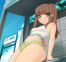 Rule 34 | &gt;:&gt;, 1girl, :&gt;, aqua eyes, bare shoulders, blue sky, blush, body blush, breasts, brown hair, bus stop, camisole, closed mouth, cowboy shot, day, eyebrows, green shorts, hair ribbon, kuroonehalf, leaning back, long hair, looking at viewer, navel, original, outdoors, plant, ponytail, red ribbon, ribbon, road sign, shiny skin, short shorts, shorts, sign, sitting, sky, small breasts, smile, solo, standing, stomach, thighs, tree, tsurime, v-shaped eyebrows