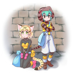 Rule 34 | 10s, 2girls, animal ears, bag, belt, black hair, blonde hair, blush, bodysuit, boots, brick wall, brown eyes, brown footwear, cat ears, character request, collarbone, commentary request, cosplay, crossed arms, dragon quest, dragon quest iii, full body, gloves, green eyes, hair between eyes, hood, hoodie, jewelry, kemono friends, kneeling, looking up, multiple girls, necklace, pants, pink footwear, pink gloves, pxton, sack, sand cat (kemono friends), snake tail, standing, striped tail, tail, thief (dq3), thief (dq3) (cosplay), triangle mouth, tsuchinoko (kemono friends), two side up, vest, white background, white pants, yellow gloves, yellow vest