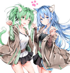 Rule 34 | 2girls, animal ear fluff, animal ears, arms behind back, belt, blue eyes, blue hair, breasts, cat ears, cat tail, cleavage, cowboy shot, duel monster, eria (yu-gi-oh!), eria the water charmer, green eyes, green skirt, highres, interlocked fingers, kuromiko shoujo, long hair, long sleeves, miniskirt, multiple girls, one eye closed, open clothes, open mouth, open robe, paw pose, pom pom (clothes), ponytail, robe, shirt, skirt, tail, white shirt, wynn (yu-gi-oh!), wynn the wind charmer, yu-gi-oh!