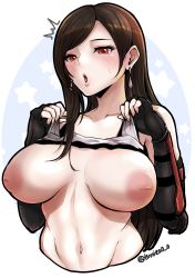 Rule 34 | 1girl, absurdres, black hair, blush, breasts, brown hair, collarbone, crop top, cropped torso, earrings, elbow gloves, female pubic hair, final fantasy, final fantasy vii, final fantasy vii remake, fingerless gloves, gloves, highres, inverted nipples, jewelry, large breasts, long hair, low-tied long hair, midriff, navel, open mouth, pubic hair, red eyes, signature, solo, square enix, stomach, suspenders, sweatdrop, swept bangs, tank top, tifa lockhart, tinnies, twitter username, white tank top