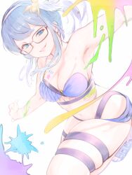 Rule 34 | 1girl, bikini, black-framed eyewear, blue bikini, blue eyes, blue hair, blush, breasts, cleavage, feather hair ornament, feathers, fishnets, glasses, granblue fantasy, hair ornament, hairband, illnott (granblue fantasy), illnott (summer) (granblue fantasy), large breasts, looking at viewer, paint, paint splatter, parted lips, single strap, skindentation, solo, swimsuit, thigh strap, tomamatto