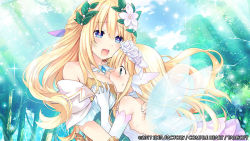 Rule 34 | 10s, 2girls, between breasts, blonde hair, blue eyes, blush, bouquet (neptunia), grabbing another&#039;s breast, breast smother, breasts, cleavage, dress, face to breasts, fairy wings, female focus, forest, grabbing, green eyes, head between breasts, heart, heart-shaped pupils, hug, large breasts, long hair, multiple girls, nature, neptune (series), official art, open mouth, smile, symbol-shaped pupils, tsunako, vert (neptunia), very long hair, wings, yuri
