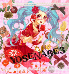 Rule 34 | 1girl, aqua hair, bad id, bad pixiv id, bespectacled, buttons, corded phone, dress, e (pixiv299299), flower, glasses, hair flower, hair ornament, hairclip, hatsune miku, lace, long hair, phone, postage stamp, red eyes, ribbon, solo, twintails, uekura eku, vocaloid, wrist cuffs