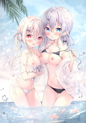 Rule 34 | 2girls, :d, amedamacon, bikini, bikini top lift, bikini under clothes, black bikini, blue sky, blush, braid, braided bangs, breasts, choker, clothes lift, cloud, cloudy sky, comiket 102, commentary request, day, grey hair, groin, hair ornament, hairclip, heart, heart hair ornament, jacket, looking at viewer, low twintails, medium breasts, multiple girls, nipples, off shoulder, open clothes, open jacket, open mouth, original, outdoors, parted lips, sky, small breasts, smile, swimsuit, twintails, wading, water, white bikini, white choker, white hair, white jacket