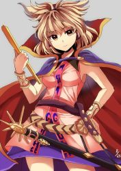 Rule 34 | 1girl, bad id, bad pixiv id, blush, bracelet, breasts, brown eyes, brown hair, cape, closed mouth, commentary request, cowboy shot, dated, earmuffs, jewelry, looking at viewer, medium breasts, pointy hair, purple skirt, ritual baton, sameya, shirt, skirt, sleeveless, sleeveless shirt, smile, solo, sword, touhou, toyosatomimi no miko, weapon