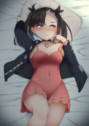 Rule 34 | 1girl, :t, arm up, asymmetrical bangs, averting eyes, bed sheet, black choker, black hair, black jacket, blush, breasts, choker, closed mouth, collarbone, covered navel, creatures (company), dress, game freak, green eyes, hair ribbon, hand up, highres, jacket, lying, marnie (pokemon), nintendo, on back, open clothes, open jacket, parisnoko, pillow, pink dress, pokemon, pokemon swsh, pout, ribbon, single bare shoulder, small breasts, solo, twintails, undercut