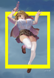 Rule 34 | 10s, 1girl, ;d, breasts, brown eyes, brown hair, energy gun, highres, large breasts, looking at viewer, matching hair/eyes, midair, narusawa ryouka, necktie, occultic;nine, one eye closed, open mouth, plaid, plaid skirt, ranhao2181547, ray gun, shirt tucked in, short hair, skirt, smile, solo, striped necktie, striped neckwear, thighhighs, thighs, weapon, white thighhighs