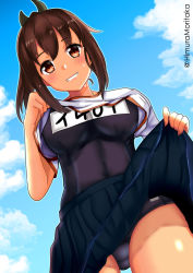 Rule 34 | 1girl, absurdres, alternate breast size, black one-piece swimsuit, black shirt, black skirt, blue sky, breasts, brown eyes, brown hair, clothes lift, cloud, commentary request, from below, grin, hair ornament, hairclip, highres, himura moritaka, i-401 (kancolle), kantai collection, lifting own clothes, looking at viewer, medium breasts, name tag, one-piece swimsuit, ponytail, school swimsuit, shirt, shirt lift, short hair, skirt, skirt lift, sky, smile, solo, swimsuit, swimsuit under clothes, tan