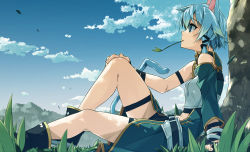 Rule 34 | 1girl, animal ears, asymmetrical clothes, blue eyes, blue hair, blue sky, cat ears, cat tail, cloud, day, forest, hair ribbon, highres, mouth hold, nature, profile, ribbon, shikei, short hair, short hair with long locks, sinon, sinon (sao-alo), sitting, sky, solo, sword art online, tail, thighs, tree