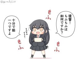 Rule 34 | 1girl, black hair, black legwear, blazer, chibi, commentary request, full body, goma (yoku yatta hou jane), hatsushimo (kancolle), jacket, kantai collection, long hair, low-tied long hair, necktie, open mouth, pleated skirt, pot, red eyes, red necktie, school uniform, simple background, skirt, smile, solo, standing, translation request, twitter username, white background