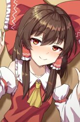 Rule 34 | 1girl, ascot, bow, brown background, brown hair, closed mouth, detached sleeves, hair bow, hair tubes, hakurei reimu, half-closed eyes, highres, looking at viewer, medium hair, red bow, red eyes, sarashi, seductive smile, sidelocks, simple background, smile, solo, touhou, upper body, yellow ascot, yosshy
