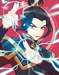 Rule 34 | 1girl, avatar: the last airbender, avatar legends, azula, black hair, casting spell, closed mouth, commentary, electricity, gold trim, hair intakes, highres, orange eyes, pichichustudio, red background, red lips, short hair, simple background, smile, solo, topknot