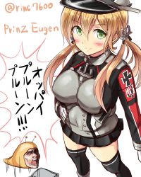 Rule 34 | 10s, 1girl, black thighhighs, blonde hair, blush, cross, from above, gloves, green eyes, hand on own hip, hat, highres, ichikawa feesu, iron cross, kantai collection, long hair, looking at viewer, low twintails, prinz eugen (kancolle), skirt, slug, smile, thighhighs, translation request, twintails, white gloves