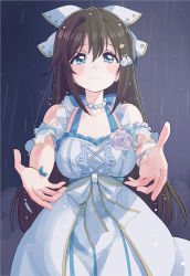 Rule 34 | 1girl, anata no risou no heroine, arm garter, blue eyes, blush, bow, breasts, brown hair, closed mouth, collarbone, corsage, cowboy shot, cream (nipakupa), cross-laced clothes, dress, dress flower, flower, hair between eyes, hair bow, hair ornament, halterneck, jewelry, long hair, looking at viewer, love live!, love live! nijigasaki high school idol club, necklace, osaka shizuku, outstretched arms, pearl necklace, rain, reaching, reaching towards viewer, rose, shell hair ornament, sidelocks, sleeveless, sleeveless dress, smile, solo, star (symbol), star hair ornament, tearing up, white dress