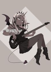 Rule 34 | 1girl, bass guitar, black footwear, black skirt, blonde hair, boots, bracelet, closed mouth, dark-skinned female, dark skin, demon girl, demon tail, demon wings, earrings, fishnets, flying, full body, grey eyes, grey shirt, high heel boots, high heels, highres, holding, holding instrument, horns, instrument, jewelry, looking at viewer, multicolored hair, music, off shoulder, original, parted bangs, personification, playing instrument, pointy ears, samei ikusa, shirt, single horn, skirt, solo, streaked hair, tail, wings