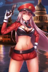 Rule 34 | 1girl, belt, black necktie, breasts, cleavage, commentary request, cowboy shot, fate/grand order, fate (series), finger on trigger, florence nightingale (fate), gloves, gun, hand on own hip, holding, holding gun, holding weapon, large breasts, leikangmin, long hair, long sleeves, looking at viewer, navel, necktie, pink hair, red eyes, short shorts, shorts, solo, weapon, white gloves