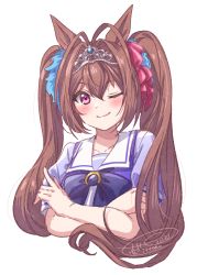 Rule 34 | 1girl, ;), animal ears, antenna hair, black bow, blue shirt, blush, bow, brown hair, closed mouth, commentary request, cropped torso, daiwa scarlet (umamusume), hair between eyes, hair intakes, horse ears, ittokyu, long hair, one eye closed, puffy short sleeves, puffy sleeves, purple eyes, school uniform, shirt, short sleeves, signature, simple background, smile, solo, tiara, tracen school uniform, twintails, umamusume, upper body, white background