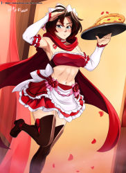 Rule 34 | 1girl, absurdres, armpits, artist name, bare shoulders, black hair, blush, boots, breasts, choker, cloak, detached sleeves, feet out of frame, flower, food, gradient hair, hair between eyes, high heels, highres, holding, holding food, holding pizza, holding tray, looking at viewer, maid, maid headdress, medium breasts, midriff, multicolored hair, navel, patreon username, pizza, red hair, rose, ruby rose, rwby, salute, short hair, smile, solo, standing, strapless, thigh boots, thighhighs, tray, tube top, two-tone hair, vilde loh hocen, watermark, web address