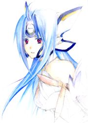 Rule 34 | 1girl, android, blue hair, commentary request, cyborg, forehead protector, kanko (8262), kos-mos, long hair, looking at viewer, red eyes, solo, white background, xenosaga