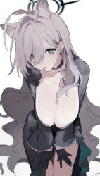 Rule 34 | 1girl, absurdres, ahoge, animal ear fluff, animal ears, black choker, black gloves, blue archive, breasts, choker, cleavage, collarbone, cross hair ornament, gloves, grey eyes, grey hair, hair between eyes, hair ornament, halo, hands on own thighs, highres, large breasts, long hair, looking at viewer, saliva, sh (shinh), shiroko (blue archive), shiroko terror (blue archive), simple background, solo, thighs, tongue, tongue out, white background