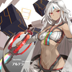 Rule 34 | 10s, 1girl, altera (fate), aosora kamiya, bare shoulders, bikini, bikini top only, breasts, closed mouth, copyright name, dark skin, dark-skinned female, detached sleeves, fate/extella, fate/extra, fate/grand order, fate (series), highres, holding, holding sword, holding weapon, looking at viewer, midriff, navel, photon ray (fate), red eyes, silver hair, small breasts, solo, stomach, swimsuit, sword, tattoo, upper body, veil, weapon