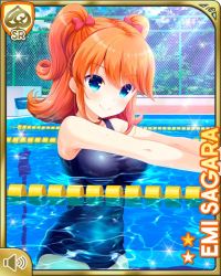 Rule 34 | 1girl, barefoot, blue eyes, breasts, card (medium), cleavage, closed mouth, competition swimsuit, day, girlfriend (kari), hair ornament, large breasts, looking at viewer, official art, one-piece swimsuit, orange hair, outdoors, pool, poolside, qp:flapper, red ribbon, ribbon, sagara emi, sky, solo, swimming, swimsuit, tagme, twintails, wet, wet clothes, wet swimsuit