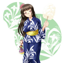 Rule 34 | 10s, 1girl, alternate costume, ayato, bad id, bad pixiv id, blush, brown hair, choukai (kancolle), cotton candy, floral print, flower, glasses, hair flower, hair ornament, head tilt, highres, japanese clothes, kantai collection, kimono, kinchaku, long hair, looking at viewer, pouch, red eyes, rimless eyewear, smile, solo
