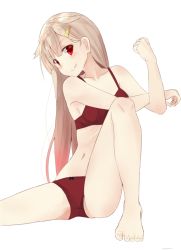Rule 34 | 10s, 1girl, bare legs, bare shoulders, barefoot, black bow, blonde hair, bow, bow panties, bra, closed mouth, collarbone, eyebrows, fang, fang out, hair flaps, hair ornament, hairclip, head tilt, kantai collection, legs, long hair, looking at viewer, navel, panties, red bra, red eyes, red panties, simple background, sitting, solo, stomach, stretching, underwear, underwear only, white background, yuki (yukin0128), yuudachi (kancolle), yuudachi kai ni (kancolle)
