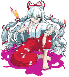 Rule 34 | 1girl, anger vein, arm on knee, barefoot, bow, breasts, burning, cigarette, colored shadow, commentary request, crossed legs, facing viewer, feet, fire, fujiwara no mokou, hair bow, highres, long hair, long sleeves, looking at viewer, multiple hair bows, pants, red eyes, red pants, shadow, shirt, simple background, sitting, small breasts, smoke, smoking, solo, suspenders, takuman135, toes, torn clothes, torn sleeves, touhou, very long hair, white background, white hair, white shirt