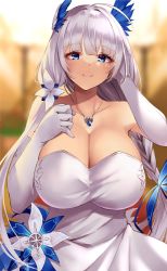 Rule 34 | 1girl, azur lane, bare shoulders, blue eyes, blush, breasts, cleavage, collarbone, dress, elbow gloves, gloves, highres, illustrious (azur lane), illustrious (illustrious ball) (azur lane), jewelry, large breasts, long hair, looking at viewer, mole, mole under eye, necklace, official alternate costume, silver hair, smile, solo, wee (weeyy), white dress, white gloves