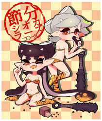 Rule 34 | + +, 2girls, ;d, animal print, ass, bare arms, bare shoulders, black hair, border, breasts, callie (splatoon), checkered background, cleavage, club, club (weapon), collarbone, coula cat, cousins, ehoumaki, fang, fangs, food, green eyes, hair rings, hand up, highres, horns, inkling, kanabou, leg up, long hair, makizushi, mamemaki, marie (splatoon), medium breasts, mole, mole under eye, multicolored hair, multiple girls, nintendo, one eye closed, oni horns, open mouth, orange eyes, orange hair, pointy ears, setsubun, short hair, silhouette, silver hair, sitting, smile, spiked club, splatoon (series), splatoon 1, standing, standing on one leg, sushi, symbol-shaped pupils, teeth, tentacle hair, tiger print, two-tone hair, very long hair, weapon, white border