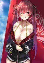 Rule 34 | 1girl, :p, bikini, blush, breasts, cleavage, earrings, hair ribbon, heart, heart earrings, heart necklace, heterochromia, highres, hololive, houshou marine, houshou marine (summer), jewelry, large breasts, mutou mame, necklace, open clothes, red hair, ribbon, solo, swimsuit, tongue, tongue out, twintails, virtual youtuber